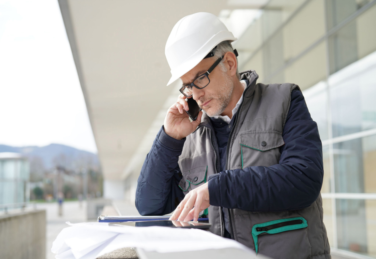 Photo of man in a hard hat, consulting some documents while on the phone.